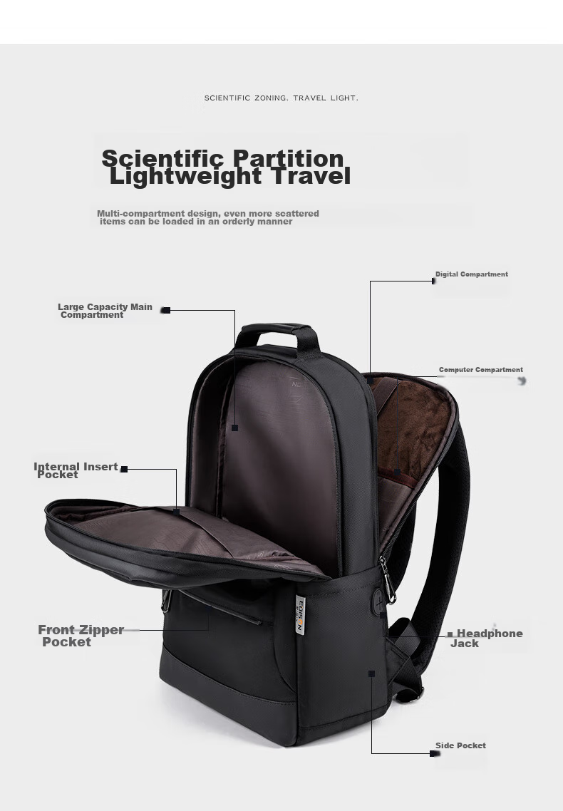 Edison Men's Backpack Business Commute Laptop Bag Large Capacity Water-Resistant Backpack E011-1 Black 7