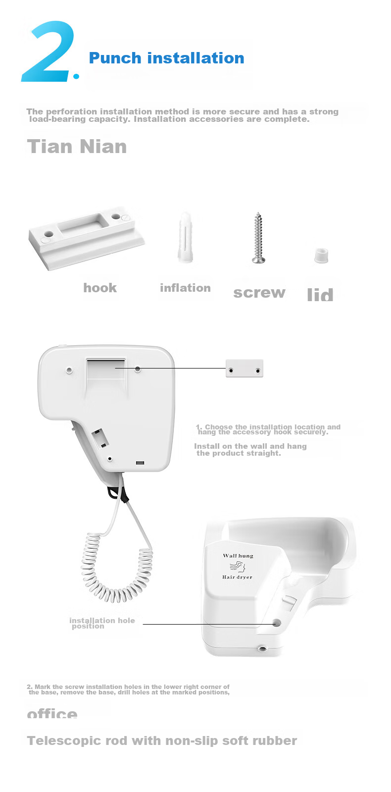 Interhasa! Hotel-Specific Hair Dryer, Wall-Mounted, for Guest Bathroom, Dryer Holder, Wall-Mounted Electric Hair Dryer Stand D90261 12