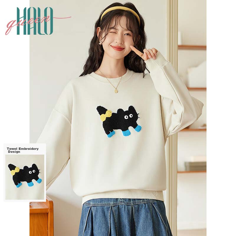 Halo Queen Women's Sweatshirt with Round Neck, Cute Cat Design, Loose-Fitting, Casual, Versatile, New Style H143W1024