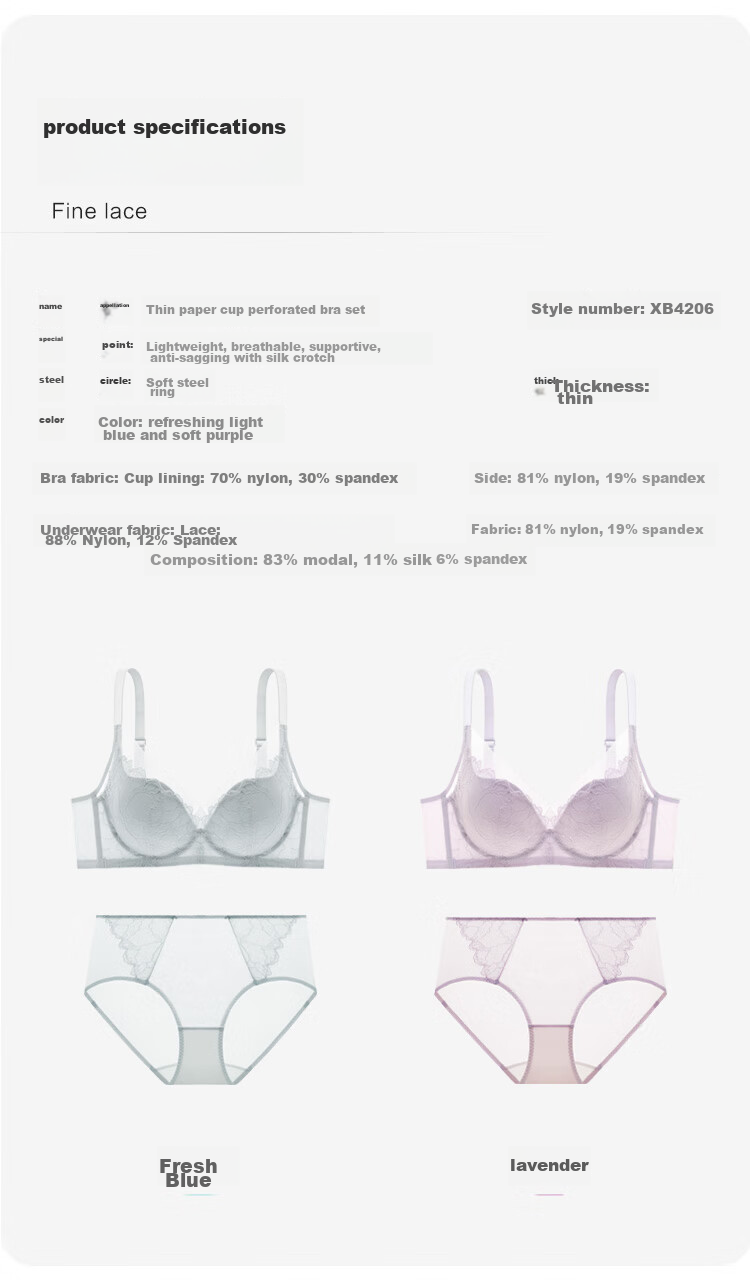 Ordifen 26 New Women's Underwear, Lightweight, Slimming, Perforated Cups, Breathable, Soft Wireless, Seamless, Low-Collar Bra Set XB4206 11