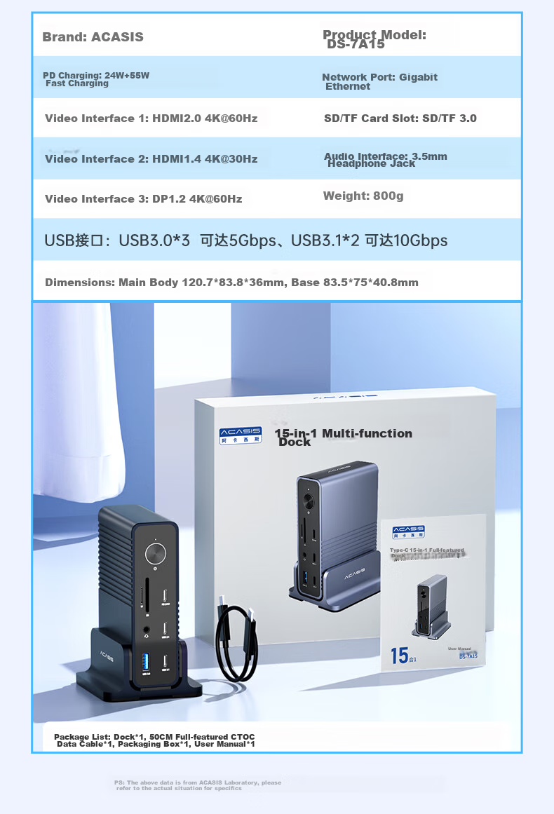 Acasis Desktop Expansion Dock, Type-C Hub, DP Hub, Thunderbolt 4 Docking Station, 4K 60Hz Four-Screen Display, HDMI Graphics Card Expansion Dock, Vertical Computer Desk DS-7A15 19