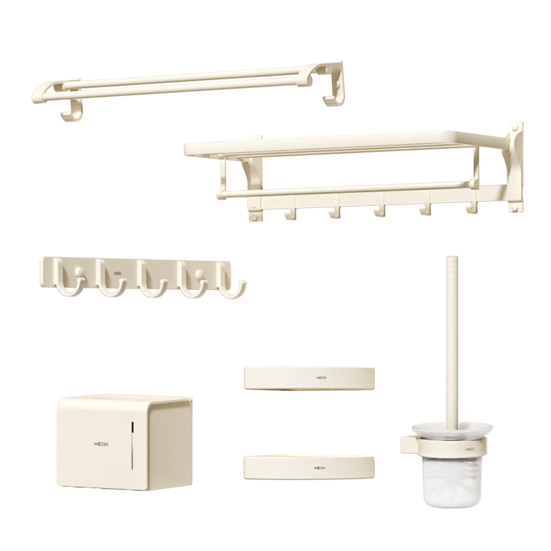 HEGII Wall-Mounted Bathroom Accessories Set, Bathroom Storage Rack Towel Holder No Drilling Required 7-Piece Set HMP921K07-WM
