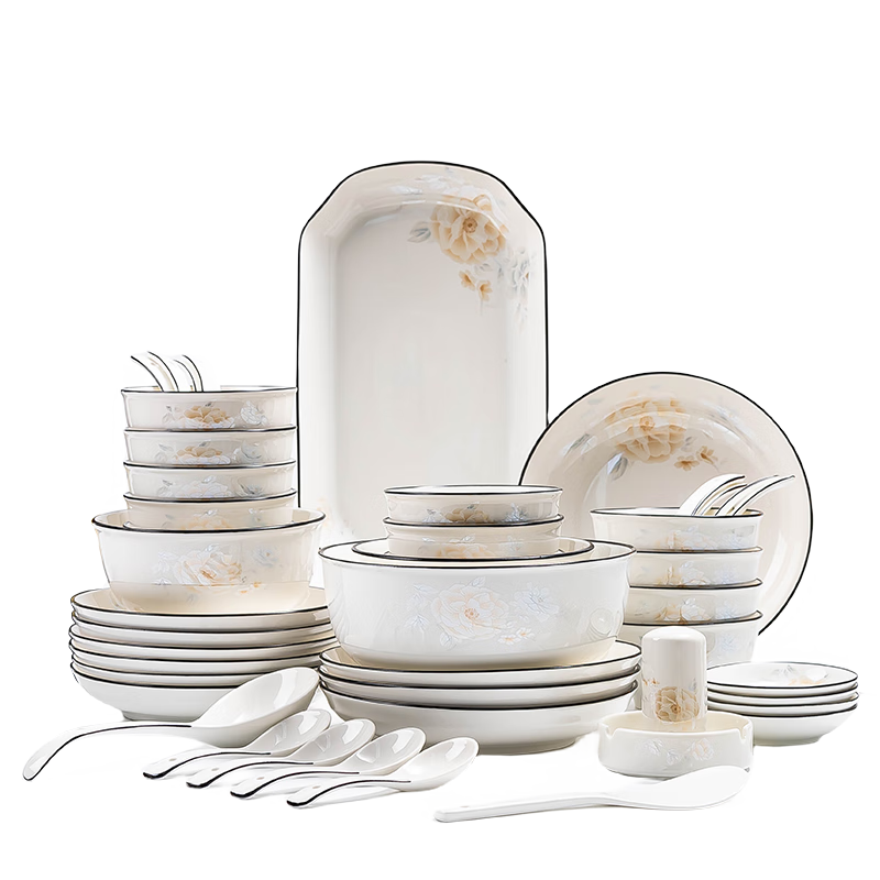 Haoya 78-Piece Bowl And Plate Set, Chinese Jingdezhen Dinnerware Set, Gift Box Packaging, Ceramic, Housewarming And Wedding Gift, Golden Branches And Jade Leaves