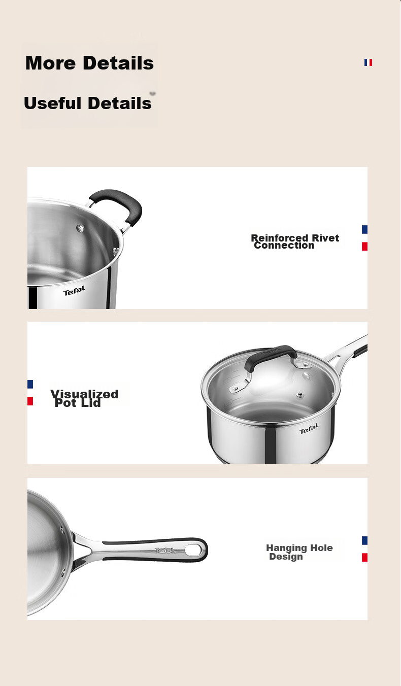 Tefal Stainless Steel Soup Pot, Thickened Stew Pot, Suitable for Induction Cooker, Large Capacity Cooking Pot, Dishwasher Safe 19