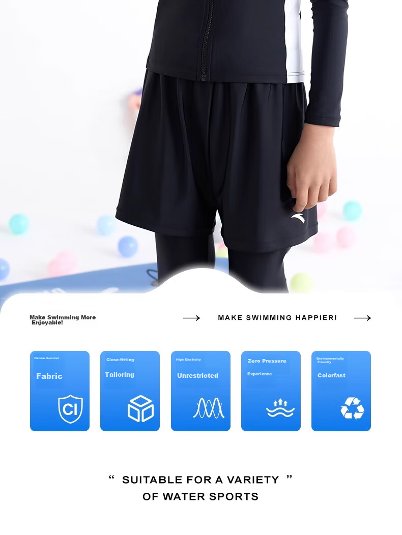 ANTA Children's Two-Piece Swimsuit, 2024 Summer New Style, Boys' Swimwear, Square-Leg Swim Trunks, Long-Sleeve Hot Spring Bathing Suit, Blue, Size 130 2