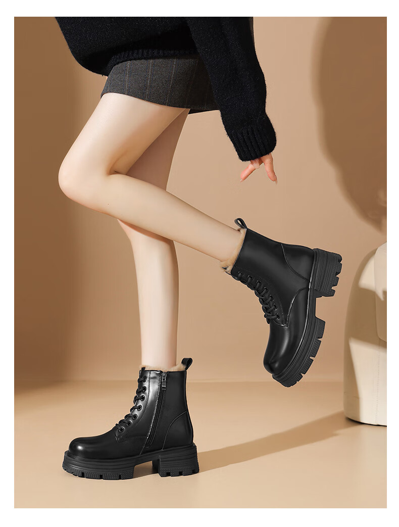 Daphne Women's Martin Boots Thick Sole Height Increasing Leather Short Boots Fleece Lined Warm Black 36 4023608111 3