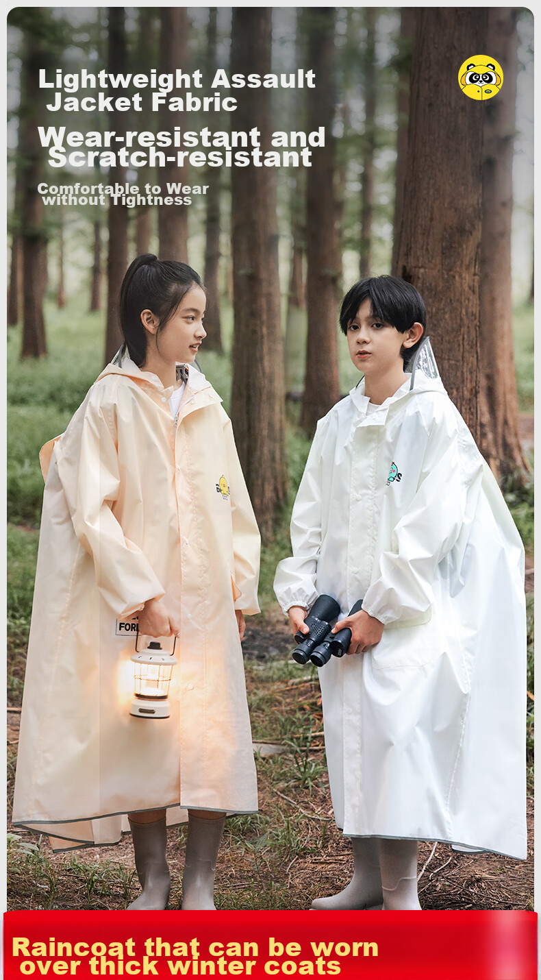 Moremerry Children's Raincoat, for Boys And Girls, Full Body Waterproof Thickened Poncho, Student School Raincoat, Khaki Cute Duck, 3XL 10