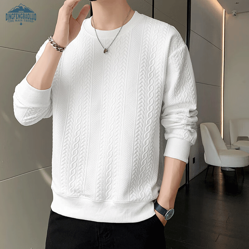 Dingfengbaoluo Men's Long-Sleeve T-Shirt, Spring Versatile Fashion Jacquard Sweatshirt, Loose Trendy Top, JE2221 White XL