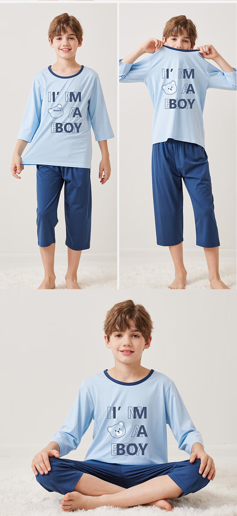 MiiOW Children's Thin Pajamas, Boys' Short-Sleeve Set, Summer Modal Sleepwear for Older Kids, Sky Blue, Size 160 9