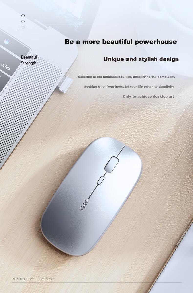 INPHIC M1 PRO Wireless Bluetooth Tri-Mode Rechargeable Silent Mouse with Battery Indicator, Compatible with Laptops, Bluetooth 5.0, Metal Gray 9