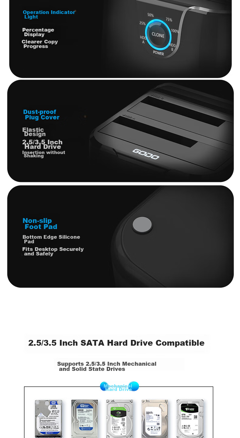 GODO Mechanical SSD Enclosure Base, 2.5/3.5 Inch, USB3.0 External SATA Dual-Bay, Compatible with Laptops And Desktops, External Portable Hard Drive Enclosure, Universal 15