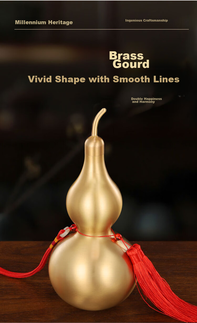 Binyue Brass Gourd Ornament, Open Gourd Pendant with Cinnabar, Living Room Entrance Office Decoration, Approximately 11 Cm Tall 6