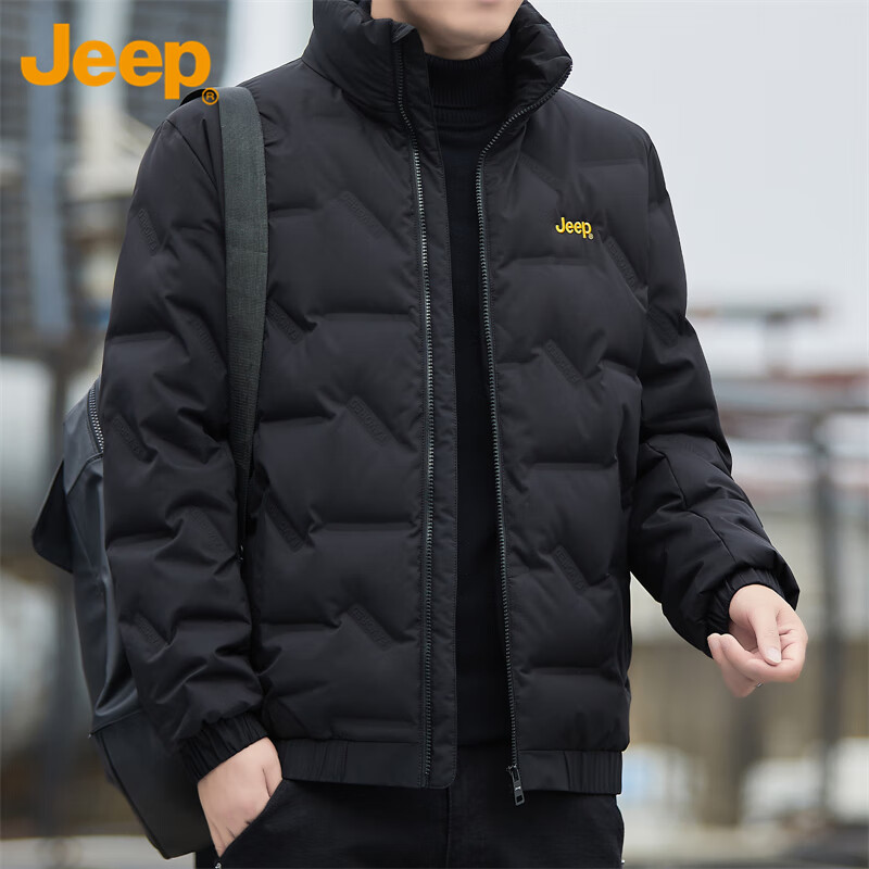 JEEP Men's down Jacket, Winter Short Casual Stand-Collar Coat, Trendy Warm Clothing for Men, Black, XL