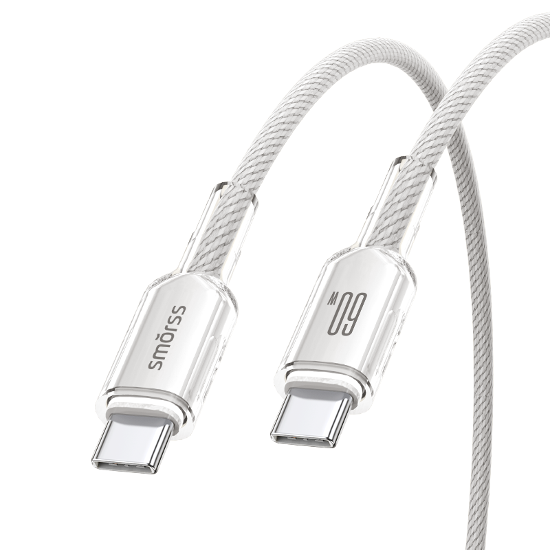 Smorss Apple 17/16/15 Type-C Dual-Head PD60W Fast Charging Cable CTOC Car Charger iPhone 15/16/17 Pro Laptop - Ice Crystal White 1.5m