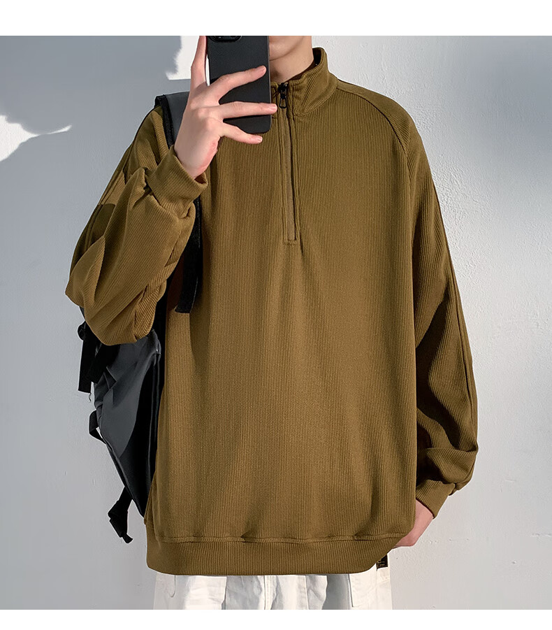 Homlean American-Style High-Quality Hoodie for Men, Autumn Loose-Fit Trendy Pullover Stand-Collar Half-Zip Base Layer HM06 Gray L 10