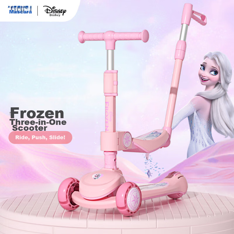 Детский трехколесный самокат Mesuca & Disney "Айша Принцесса" 3-в-1, складной, с фонариками, для девочек от 2 до 12 лет
