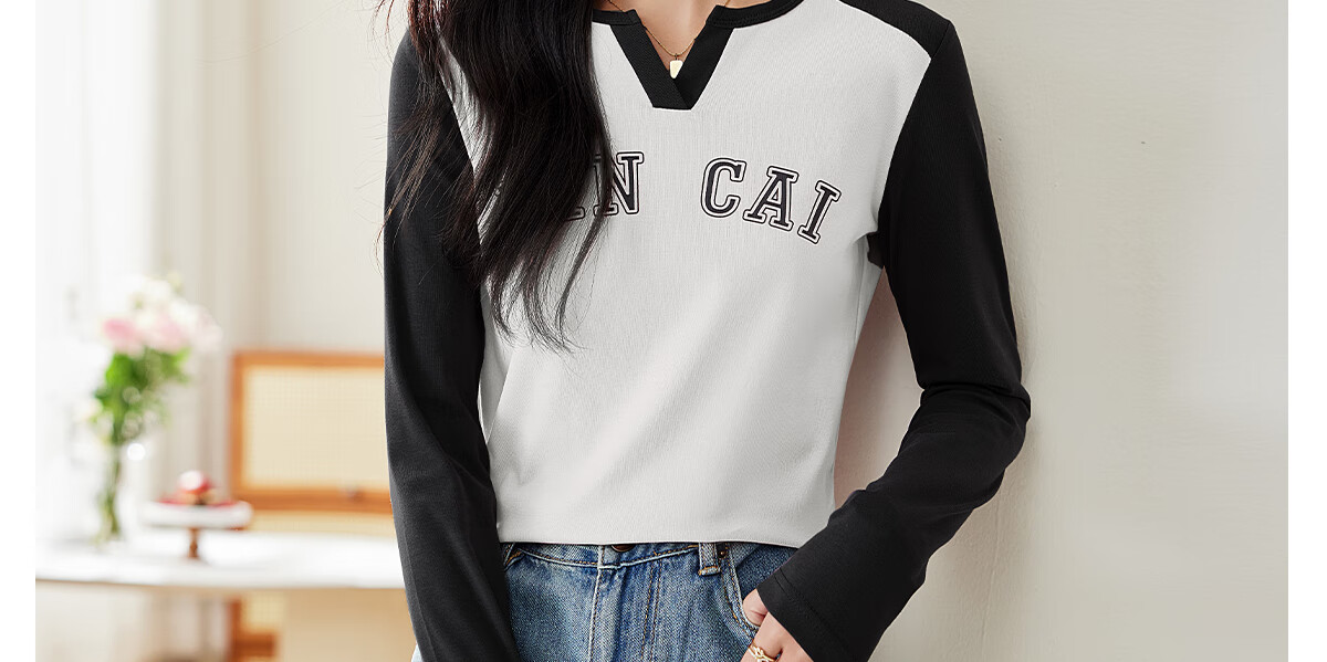 Pincai Women's Long Sleeve V-Neck Letter Print T-Shirt Unique Design Base Top P143T2037 32