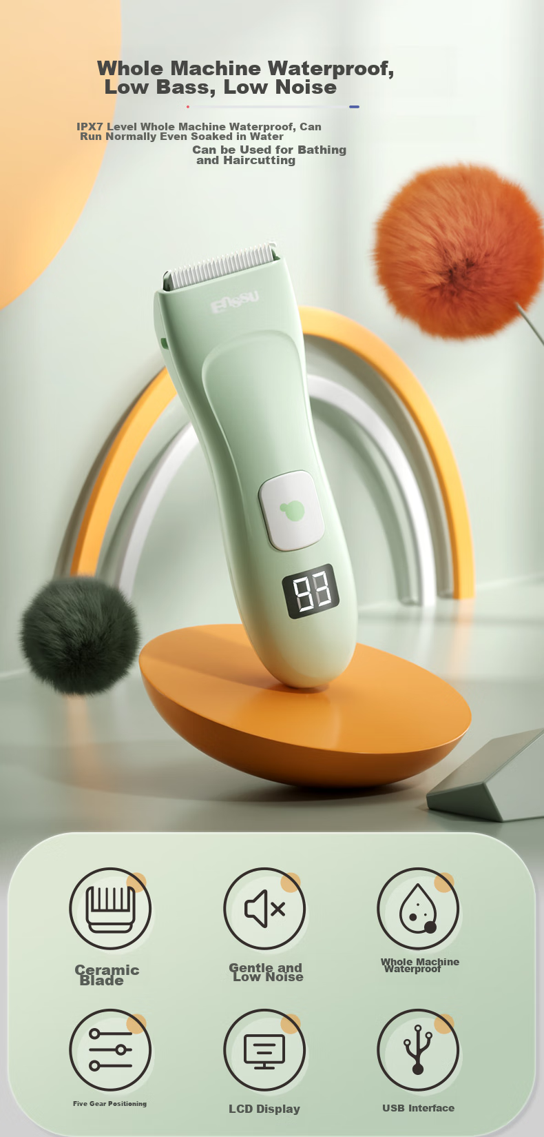 Enssu Baby Hair Clipper, Digital Display Low Noise Quiet Waterproof Children's Hair Trimmer Electric Shaver ES930A 1