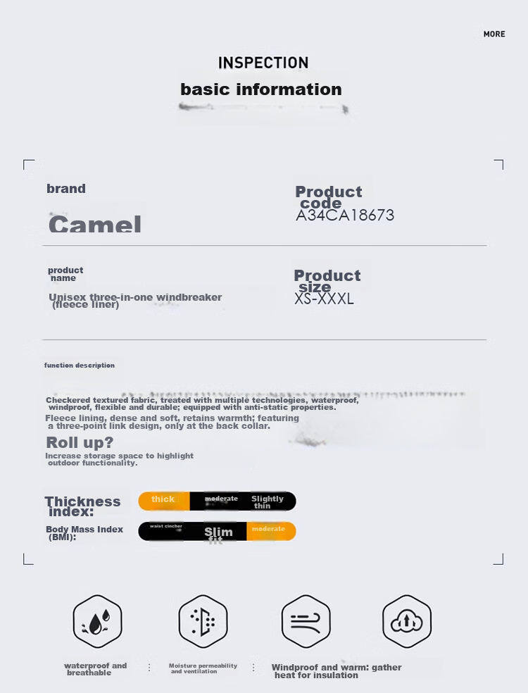 CAMEL Outdoor Jacket Three-In Unisex Coat, Heavy Rain-Resistant Waterproof Windproof Mountaineering Wear A34CA18673 18