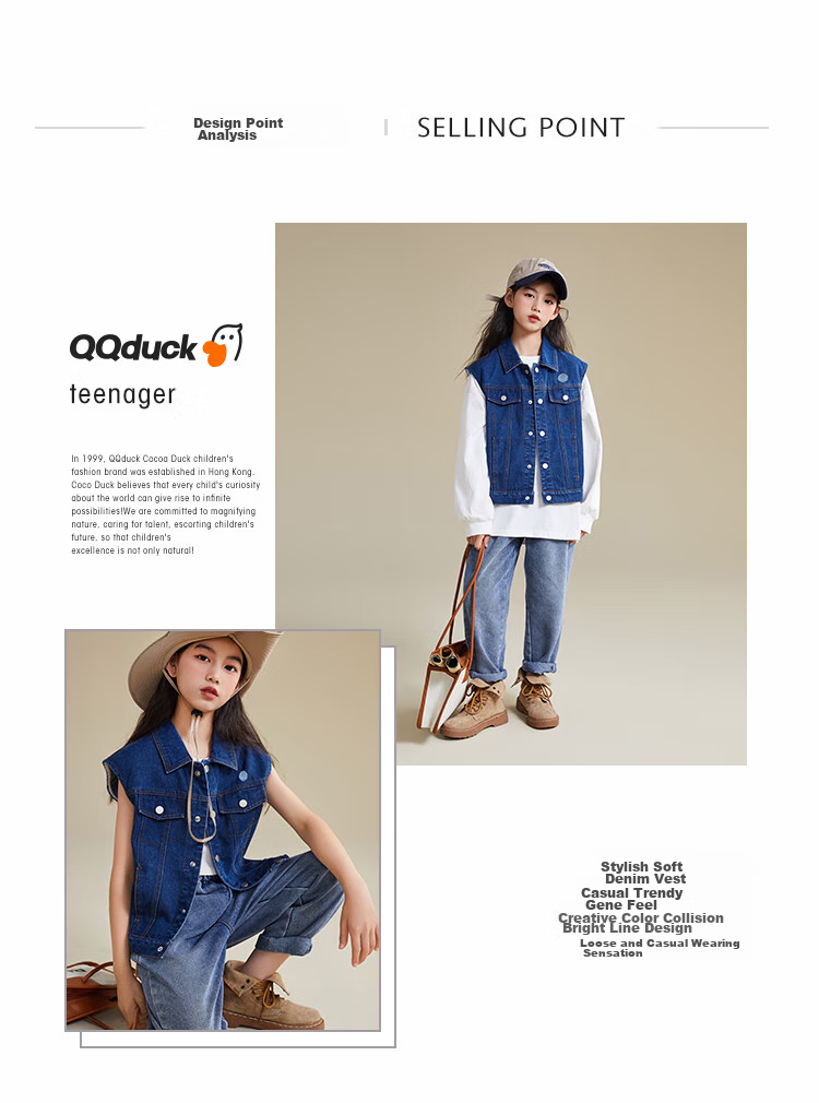 QQ DUCK Children's Denim Vest, Girls' Sleeveless Jacket, Youth Clothing, Classic Vest in Light Blue; Size 130 2