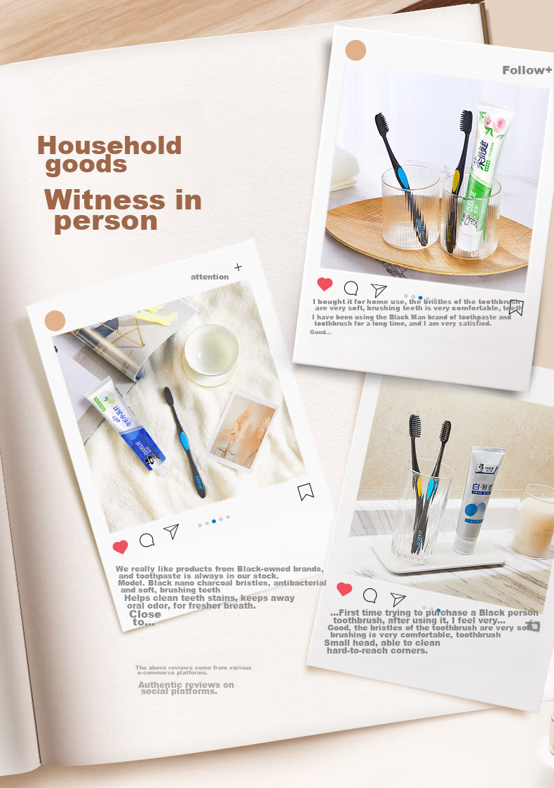 DARLIE Original Black Soft Bristle Toothbrush for Adults Deep Cleaning Tongue Coating 2-Pack Portable (Random Style) 6