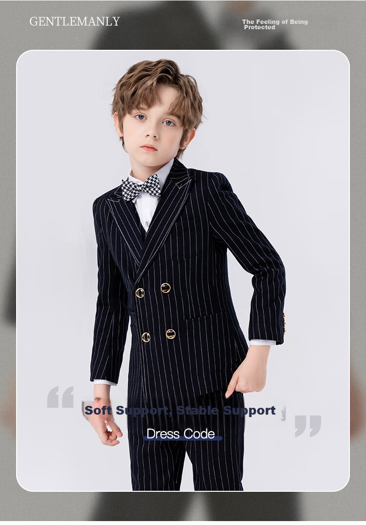 LUOBOBEIBEI Children's Suit, Boys' Striped Blazer Vest Set, Spring Formal Wear for Boys' New Year's Greetings, Navy Blue Five-Piece Set, Size 140 1