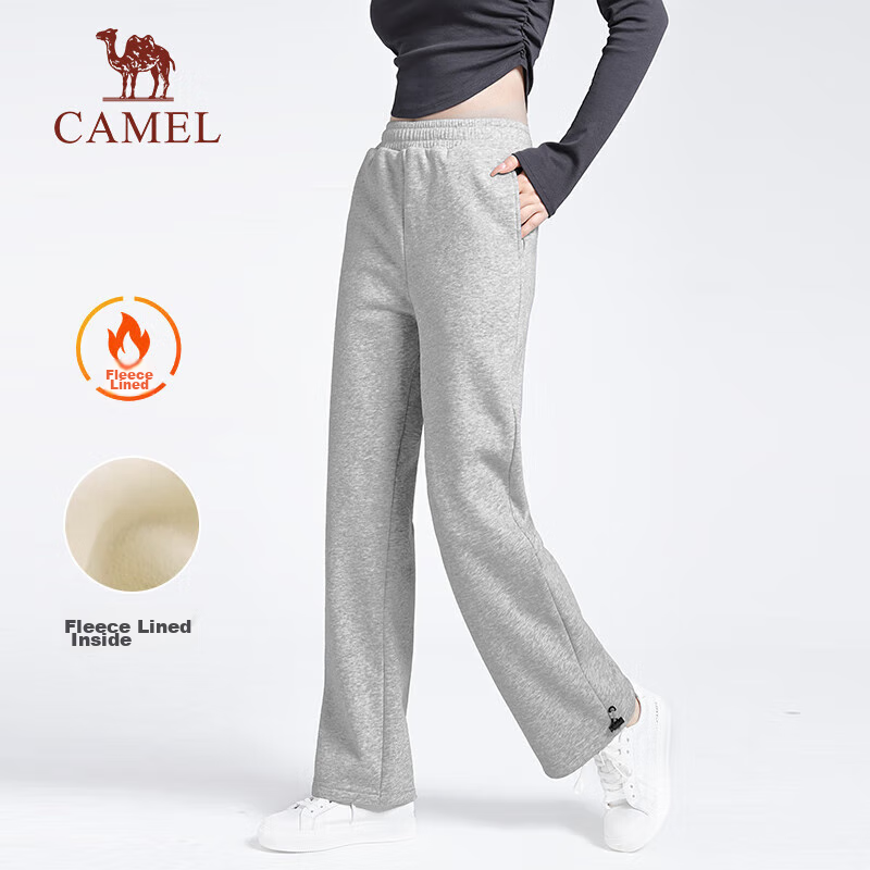 CAMEL Fleece-Lined Thickened Women's Loose Straight-Leg Pants for Running And Yoga Sweatpants Y23CY05013 Light Floral Gray S