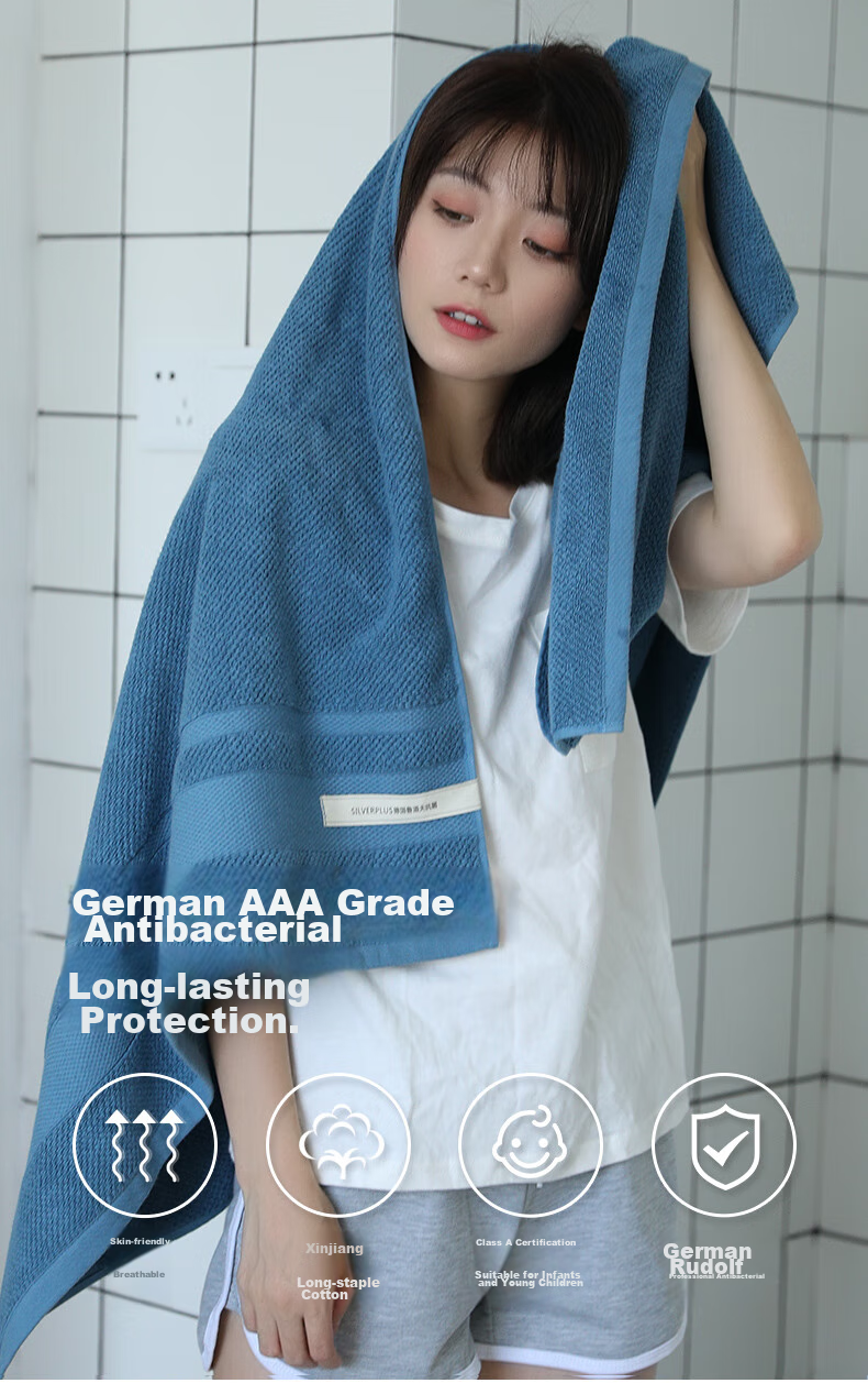 Grace Ludaofu Antibacterial Bath Towel, Pure Cotton, Adult Soft Absorbent Thickened, All-Cotton, for Men And Women, Home Use, 140*70cm, Blue 2