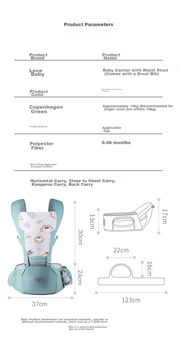 Aibaoshi Baby Carrier Waist Stool, Front And Cross-Carrier Style, Multifunctional, Breathable, Thin, with Head Protection, Detachable, M181 Mint Gree 16