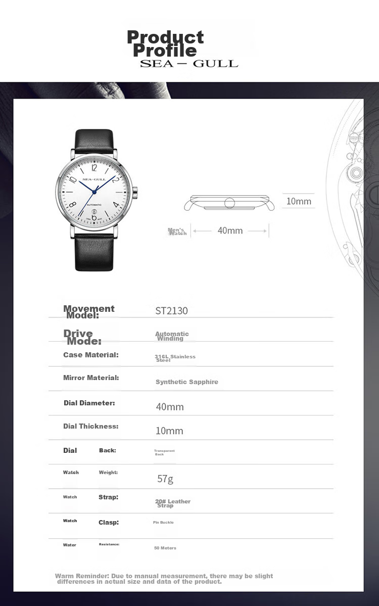 SEAGULL Men's Automatic Mechanical Watch, Bauhaus Date Display Men's Watch, Birthday Gift for Men, Model 6091 8