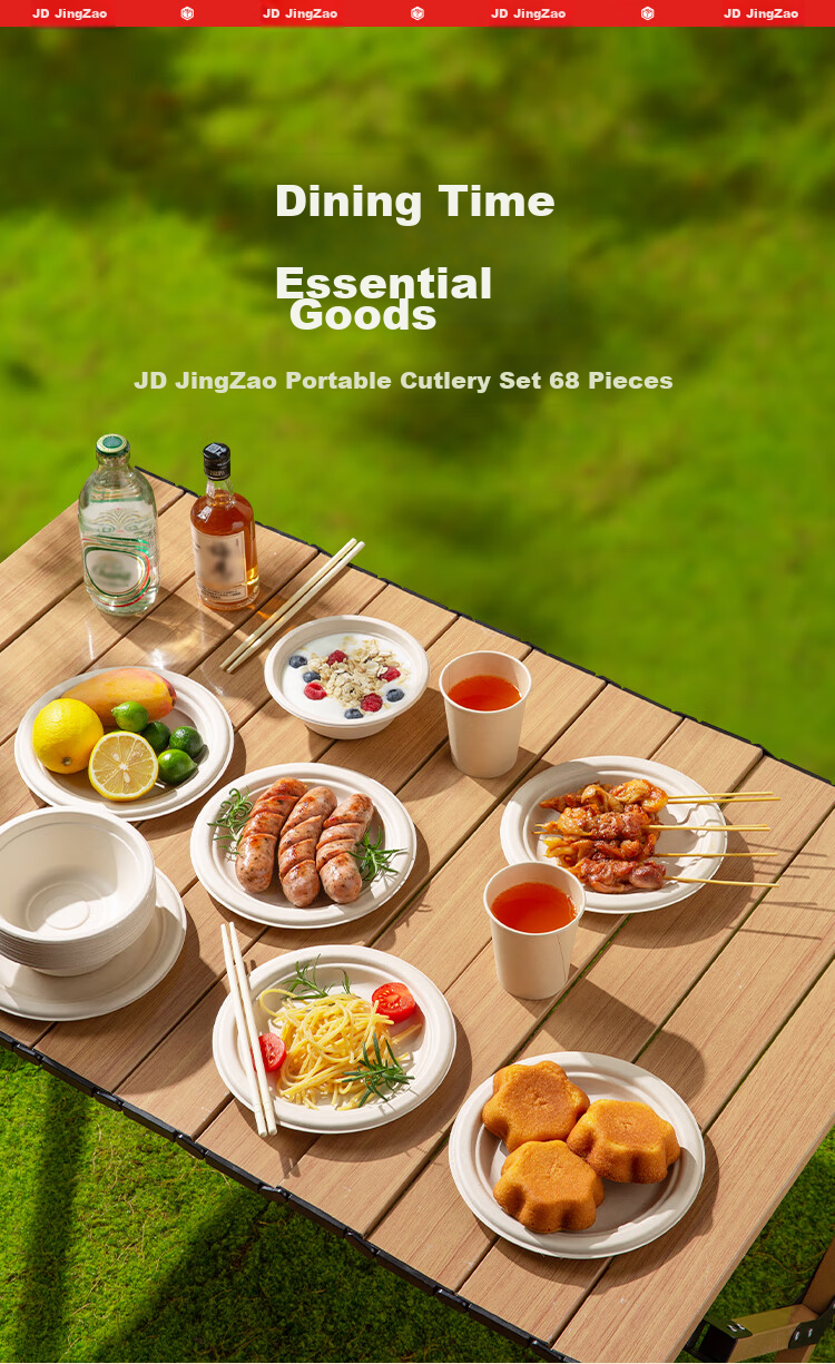 JD Original Disposable Tableware Set: Cups, Plates, Bowls, Chopsticks, Gloves, Tablecloth, Garbage Bags for Camping - 10 Servings [68-Piece Set] 1