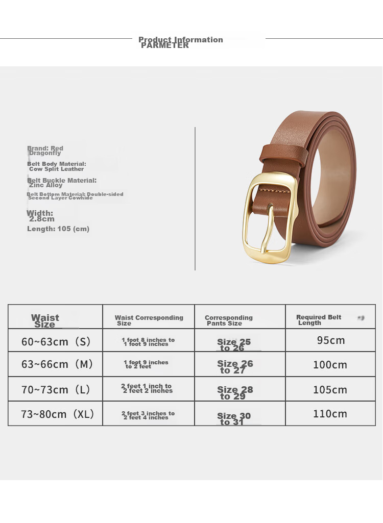 RED DRAGONFLY Leather Women's Casual Versatile Belt with Pin Buckle, No Drilling Required, Birthday Gift for Girlfriend Or Wife, Comes with Gift Box 21