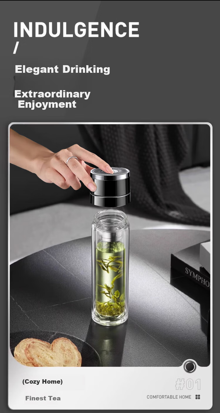 LINGCHEN Men's Tea Cup with Tea-Water Separation, Quick-Open Car Mug, One-Button Lid, High Borosilicate Glass, Heat Resistant 14