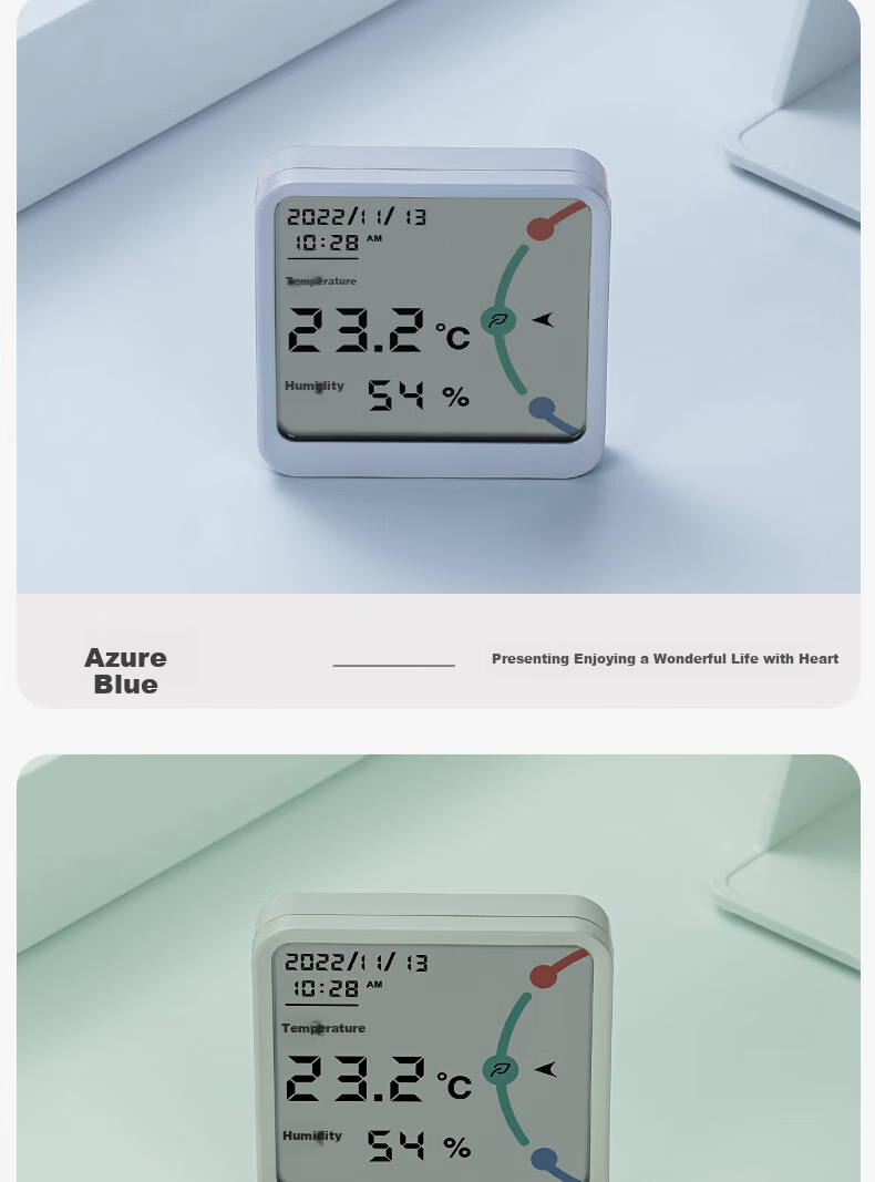 Deli Niusai Series Electronic Thermometer And Hygrometer with Wide Screen Display And Time Function, Metal Back Patch Included, Blue NS873 10