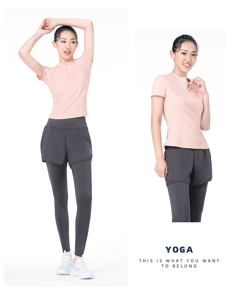 CAMEL Women's Sports Set, Summer New Style Running Yoga Fitness Short-Sleeve Shorts with Lining, Casual Elastic Sportswear 32