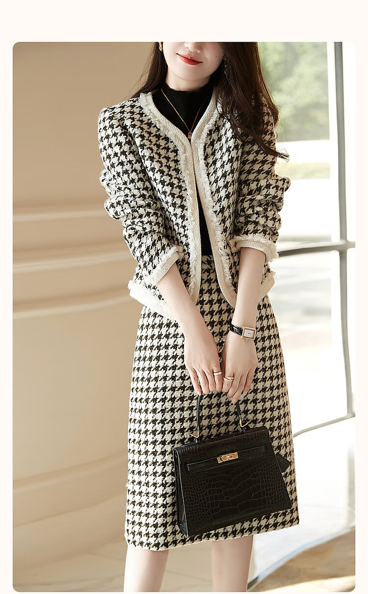 Dme Xiaoxiangfeng Two-Piece Winter Set, Commuter Round Neck Top And Skirt, Contrasting Color Outfit for Women, Fashionable, Black, M 2