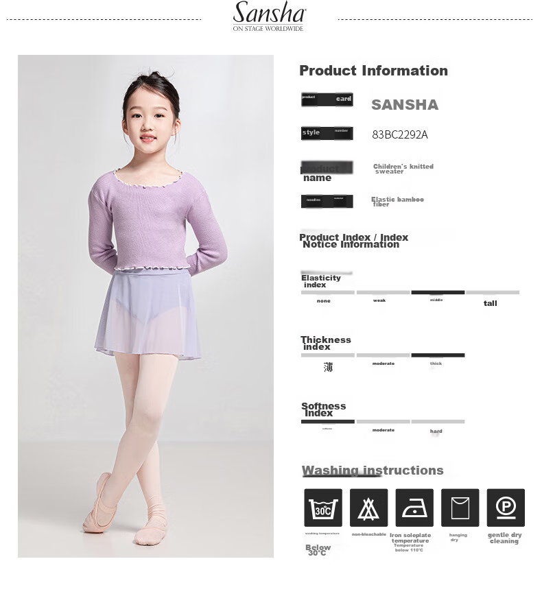Sansha Children's Knitted Top, Ruffle Long-Sleeve Dance Sweater, Autumn And Winter Warm, Light Purple, S-M 2