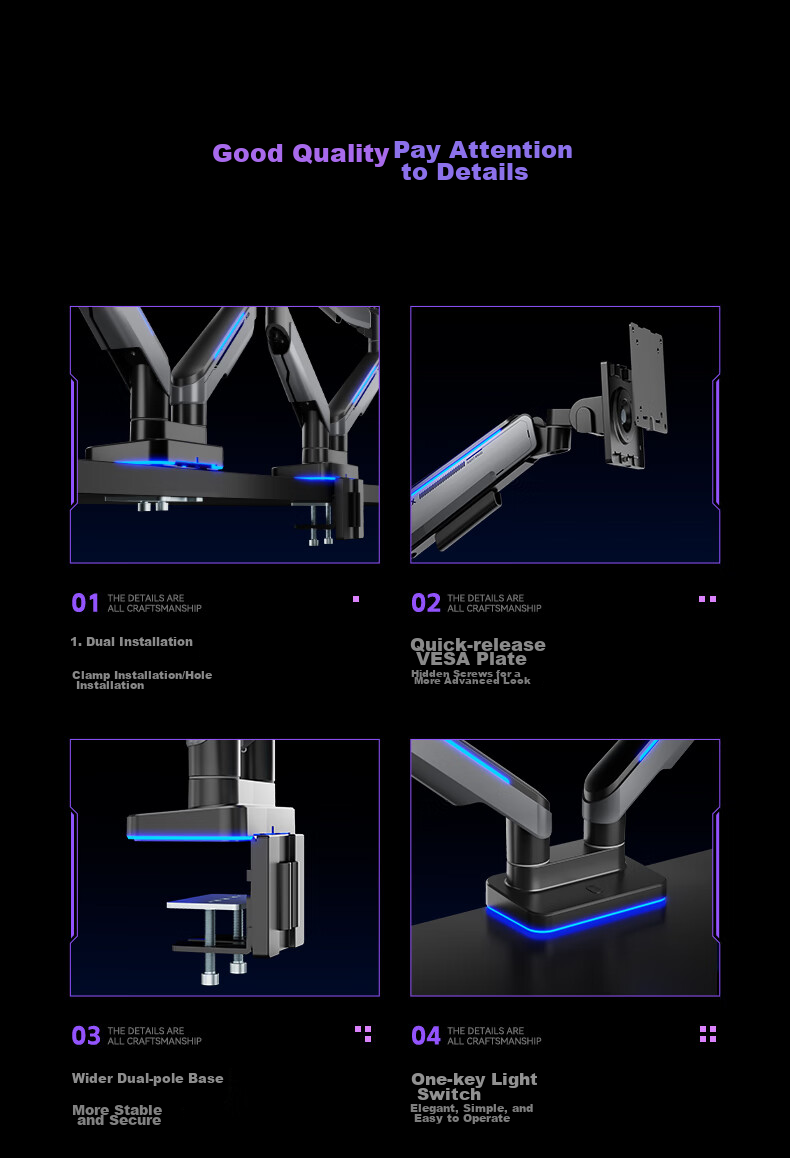 HUMANEX Monitor Stand, Computer Display Stand, Gaming RGB Mechanical Arm, Desktop Riser, Heavy-Duty Load Capacity of 18KG, Suitable for 17-45 Inch Screens, Dark Angel T18-1H 13
