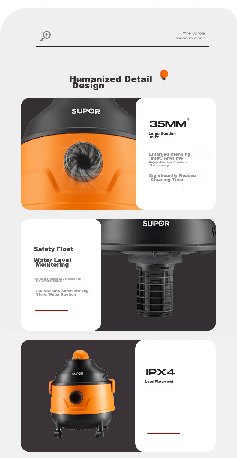 SUPOR Barrel Vacuum Cleaner for Home And Industrial Use, High Suction Power, 20L Capacity, Wet/dry/blow Three-In Stainless Steel, for Post-Construction Cleaning, Renovation, Commercial Use, Carpet, Pet Hair, High-Power EVCB-73S 16