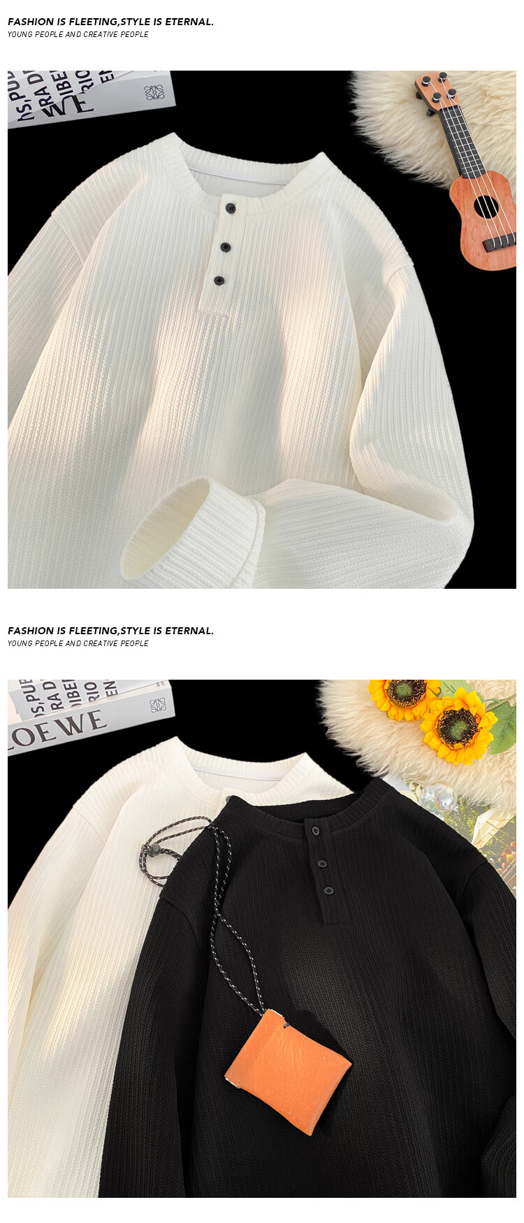 MMOPTOP American Style Henry Collar Long Sleeve T-Shirt Autumn Winter Men's Textured Solid Color Base Shirt MTX20 White XL 4