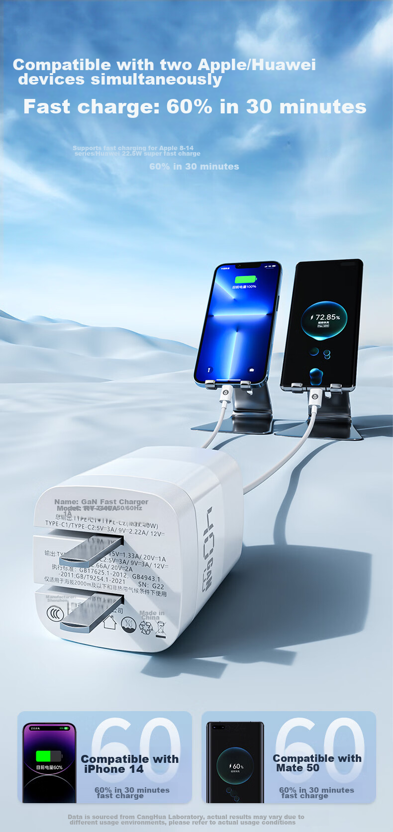 Canghua 40W Apple Charger, Gallium Nitride Charging Head, PD Fast Charging, Suitable for IPhone 18 Pro Max/17/16/Duo/15, Huawei Phones, Dual-Port Type-C Fast Charging Plug 8