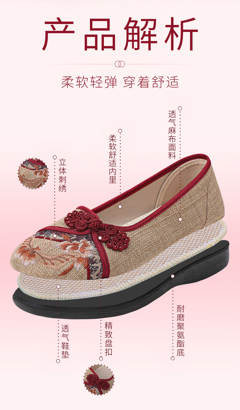 BUSHEYUAN Soft Sole Breathable Flat Shoes with Pankou Buttons, Mom Shoes, Lazy Shoes, Old Beijing Cloth Shoes for Women 510-1332 Red Size 37 4