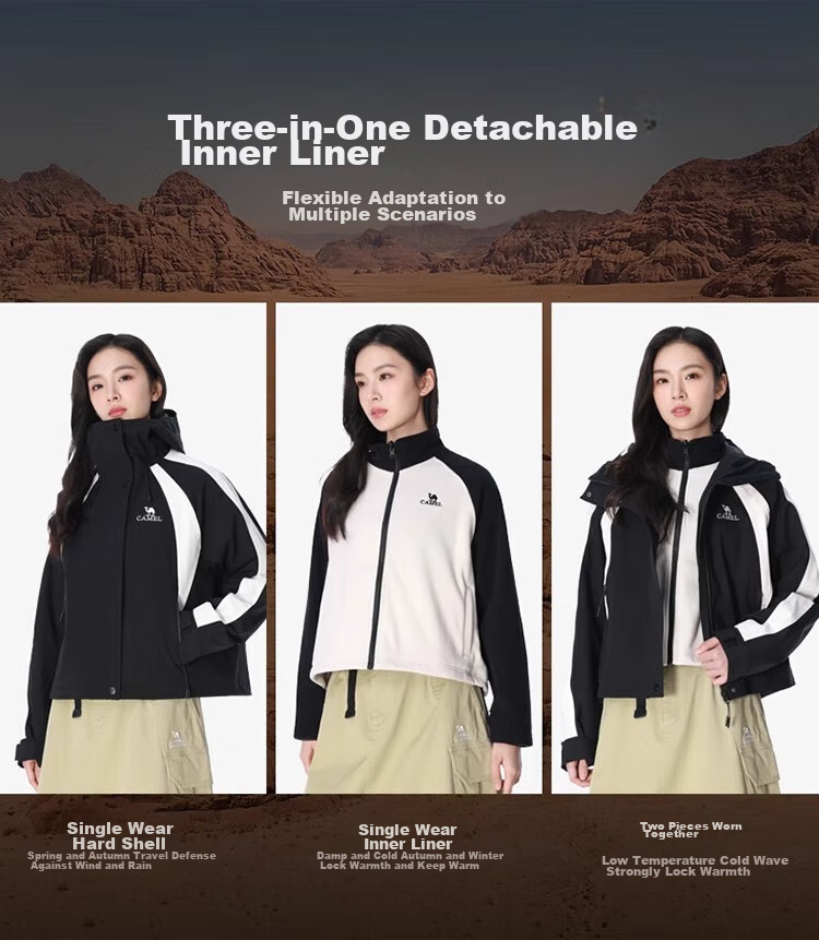 CAMEL Women's Three-In Waterproof Jacket, Color Block Short Coat, New Style, Petite Travel Hiking Clothing 4