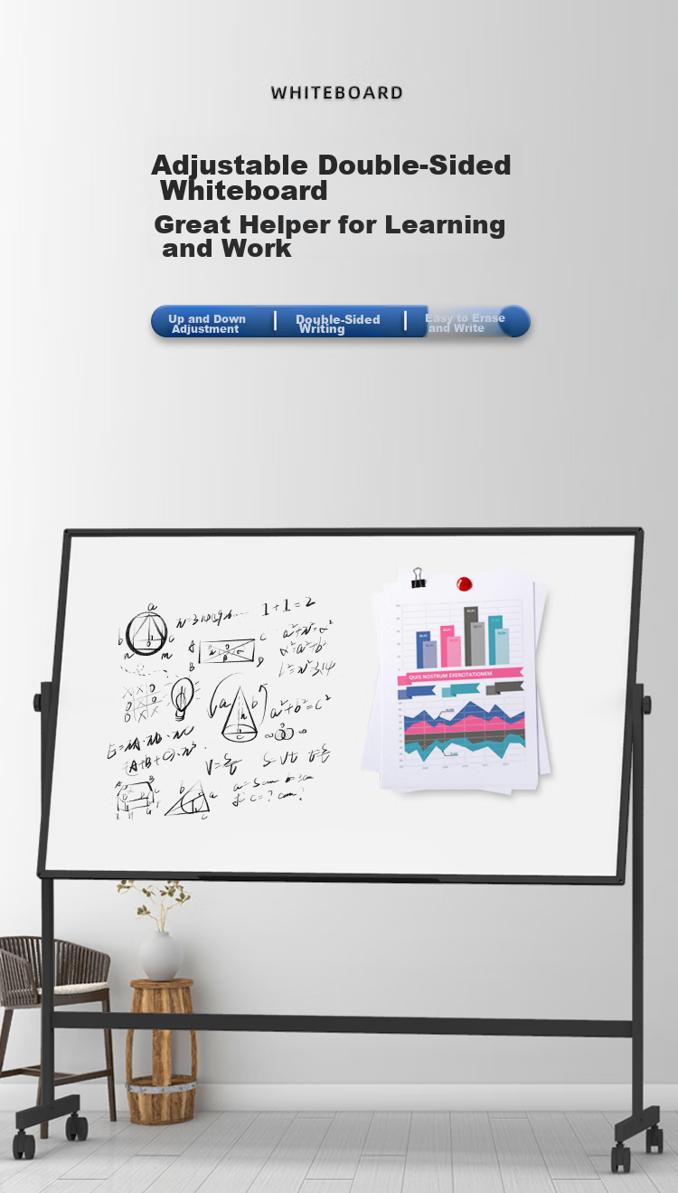 Bibiniu Whiteboard Stand 90*180cm, Office Meeting Writing Board, Double-Sided Adjustable Height And Flip Function, Black And Gold BBNV90180 4