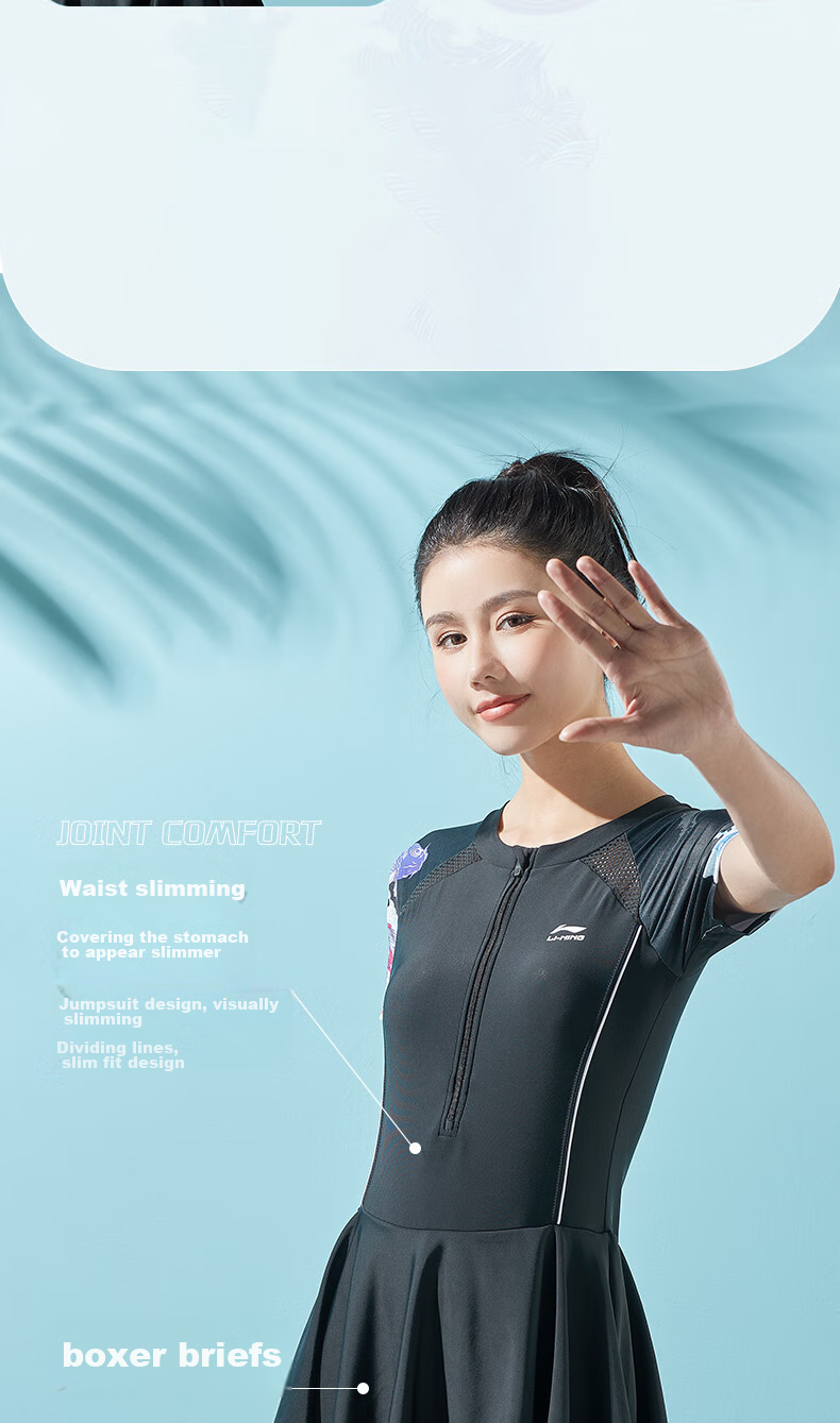 Li-Ning One-Piece Swimsuit for Women, Dress-Style Slimming Swimwear, Comfortable Breathable Hot Spring Resort Swimwear 088 Black M 7