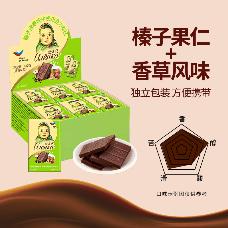 爱莲巧榛子香草味牛奶巧克力15g*42 俄罗斯进口大头娃娃 休闲下午茶零食