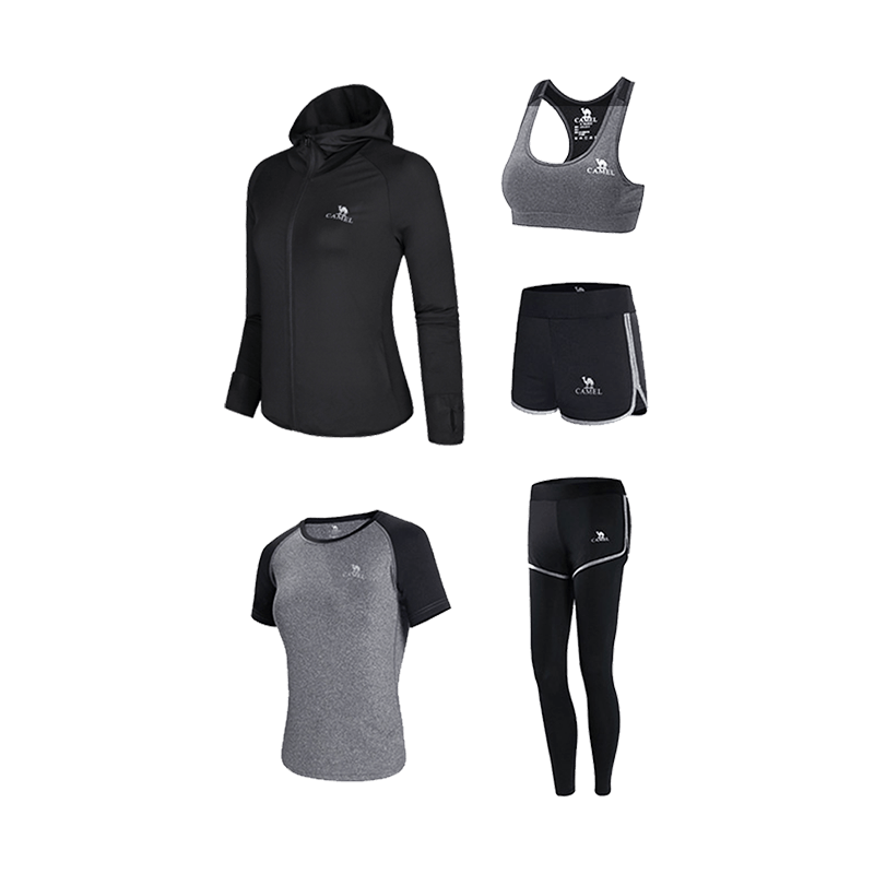 CAMEL Women's Sportswear Set, New Yoga Fitness Pilates Elastic Short-Sleeve Shorts And Pants Five-Piece Workout Outfit