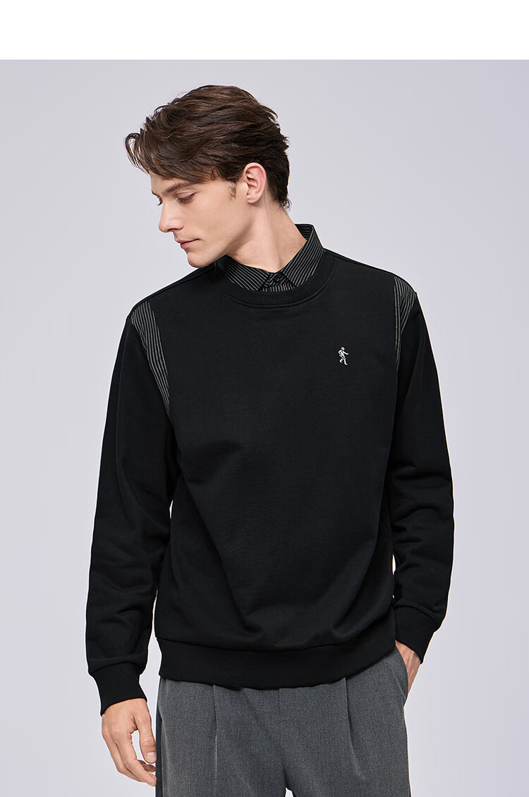 DANCING WOLVES False Two-Piece Striped Patchwork Shirt Collar Pullover Sweatshirt for Men Comfortable Commuter Pullover 001 Black 2XL 4