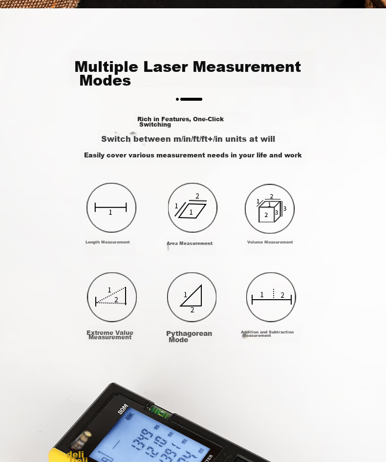 Deli Green Laser Rangefinder, Lithium Battery-Powered Voice-Activated Handheld Device, 120-Meter Range, High-Precision Room Measuring Instrument 11