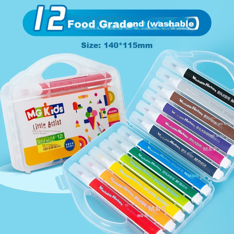 M&G Soft Tip Watercolor Markers, Food-Grade Ingredients, Washable, Safe Cap, Children's 12-Color Doodle Pens ZCPN0383 Single Box Set Watercolor Markers